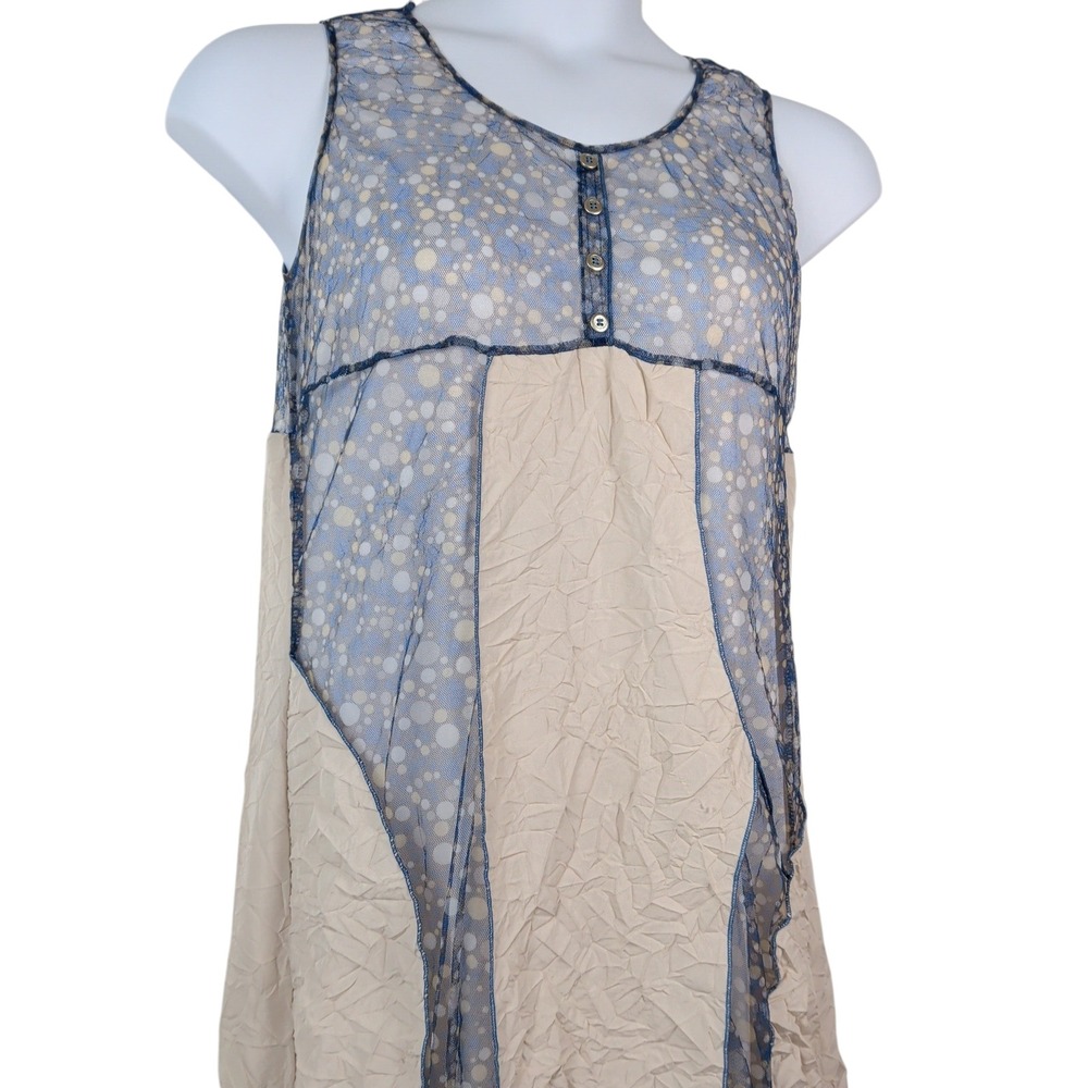 Areline Paris Women Blue Beige Polka Dot Mesh‎ Crinkle Midi Dress Lagenlook